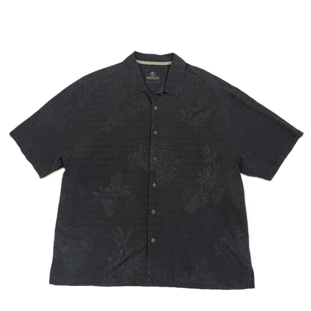 Jamaica Jaxx Shirt Men XXL Black 100% Silk Hawaiian Button Up Palm Leaves Resort